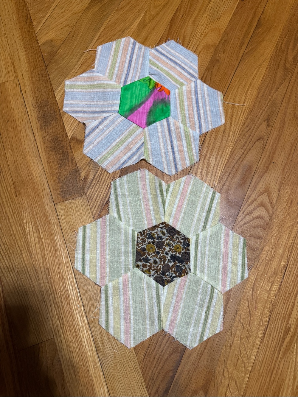 Handmade Floral Hexagon Quilt Blocks - Pastel Stripes & Floral Centers